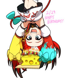 1girl birthday blue_bow blue_eyes bow candle cheese collar dated ddolbang detached_sleeves english_text fire food hakos_baelz highres holding hololive hololive_english key long_hair midriff navel open_mouth red_hair sharp_teeth shirt simple_background smile solo tail tail_bow tail_ornament teeth upper_body upside-down virtual_youtuber white_background white_shirt