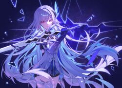 1girl bare_shoulders black_shorts blue_background blue_hair breasts broken_glass closed_mouth colored_inner_hair cowboy_shot dress feather_hair_ornament feathers floating_hair genshin_impact glass hair_between_eyes hair_ornament hand_up highres holding holding_sword holding_weapon long_hair looking_down medium_breasts multicolored_hair prosthesis prosthetic_arm purple_hair purple_hands red_eyes short_shorts shorts simple_background skirk_(genshin_impact) sleeveless sleeveless_dress solo standing sword very_long_hair weapon white_dress yuseol_art