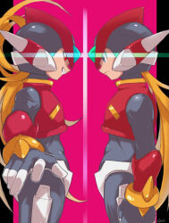 2boys armor blonde_hair body_armor bodystocking codpiece forehead_jewel from_side gauntlets gloves green_eyes helmet holstered long_hair looking_at_another mega_man_(series) mega_man_zero_(series) mega_man_zero_3 multiple_boys omega_(mega_man) ponytail red_eyes simple_background vani_(hisha_04) zero(z)_(mega_man) zero_(mega_man)
