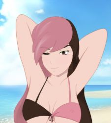 1girl 3d armpits arms_behind_head arms_up beach bikini breasts brown_eyes brown_hair cleavage close-up covered_erect_nipples female_focus highres horizon kikuyo light_smile long_hair looking_at_viewer medium_breasts multicolored_bikini multicolored_hair neopolitan_(rwby) one_eye_closed outdoors pale_skin pink_hair rwby sand smile solo swimsuit underboob water wink