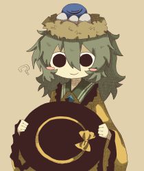 ? black_eyes black_hat blush buttons diamond_(shape) diamond_button egg green_hair green_skirt hat highres holding holding_unworn_clothes holding_unworn_hat komeiji_koishi medium_hair nest nest_on_head ribbon shirt skirt smile third_eye touhou unworn_hat unworn_headwear yellow_ribbon yellow_shirt zunusama