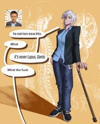Rule 34 | 1girl, 1ndictus, absurdres, blue eyes, blue shirt, brain, breasts, cane, collared shirt, cosplay, denim, doctor, facial hair, faust (project moon), gregory house, gregory house (cosplay), highres, holding, holding cane, house m.d., hugh laurie, id card, jacket, jeans, limbus company, long sleeves, looking at viewer, pants, parted lips, photo-referenced, project moon, reference photo, shirt, short hair, speech bubble, spine, suit jacket, white hair, yellow background