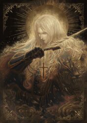 1boy aleksi_remes alucard_(castlevania) arm_up artist_name black_gloves castlevania:_symphony_of_the_night castlevania_(series) chain closed_mouth commentary cross crucifix curtained_hair english_commentary gloves highres holding holding_sword holding_weapon limited_palette long_hair looking_down male_focus parted_hair solo sword weapon