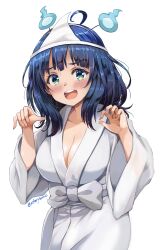 1girl blue_fire blue_hair blush breasts cleavage fire ghost_costume ghost_hair_ornament ghost_pose green_eyes highres hitodama japanese_clothes kimono large_breasts long_hair long_sleeves looking_at_viewer make_heroine_ga_oo_sugiru! md5_mismatch sheet_ghost shiroshouzoku simple_background smile solo staryume triangular_headpiece white_kimono wide_sleeves yanami_anna