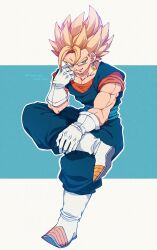 1boy blonde_hair blue_background blue_pants blue_sash blue_shirt boots dougi dragon_ball dragonball_z earrings full_body gloves highres invisible_chair jewelry komesan_0212 medium_hair muscular muscular_male orange_shirt pants potara_earrings sash shirt simple_background sitting solo spiked_hair super_saiyan super_saiyan_1 vegetto white_background white_boots white_gloves