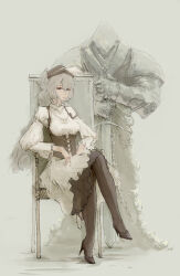 1girl absurdres armor black_corset black_footwear black_hat black_pantyhose breasts bronya_zaychik chair chinese_commentary closed_mouth corset crossed_legs dress full_body grey_background grey_hair hair_between_eyes hat hat_feather helmet high_heels highres holding holding_sword holding_weapon honkai_(series) honkai_impact_3rd knight long_hair long_sleeves looking_at_viewer medium_breasts nao_tou_di_guan pantyhose planted planted_sword planted_weapon shoulder_armor simple_background sitting solo statue sword weapon white_dress