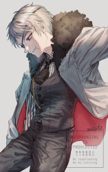 1boy absurdres artist_name axis_powers_hetalia black_necktie black_pants black_vest buttons chain collared_shirt commentary_request cowboy_shot eyepatch floating_clothes formal_clothes fur-trimmed_jacket fur_trim gold_chain grey_background grey_hair highres jacket lapels long_sleeves looking_to_the_side male_focus mocota_0207 necktie official_alternate_costume open_clothes open_jacket pants prussia_(hetalia) purple_eyes red_jacket scar scar_on_face shirt short_hair simple_background smile solo standing striped_clothes striped_shirt suit suit_jacket teeth two-sided_fabric two-sided_jacket v-shaped_eyebrows vertical-striped_clothes vertical-striped_shirt vest watermark white_jacket white_shirt