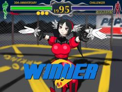 armor armored_dress arms_up brown_eyes detached_sleeves dress english_text expressionless fence fighting_vipers gloves headband high_heels honey_(fighting_vipers) lace nazz-a night night_sky parking_lot pepsi red_dress red_headband sega sky smile twintails