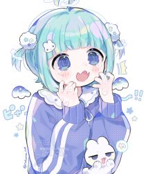 1girl @_@ ahoge aqua_eyes blue_jacket commentary_request cotono_(nazekun) crying crying_with_eyes_open dark_skin highres jacket long_sleeves looking_at_viewer open_mouth original simple_background solo tearing_up tears track_jacket twitter_username two_side_up upper_body watermark white_background