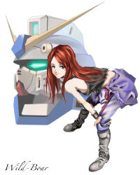 Rule 34 | 1girl, boots, christina mackenzie, commentary request, earth federation space forces, english text, glowing, glowing eyes, gun, gundam, gundam 0080, gundam alex, highres, long hair, looking at viewer, machine gun, mecha, mikimoto haruhiko (style), mobile suit, partially undressed, pilot suit, red eyes, robot, science fiction, spacesuit, squatting, tank top, upper body, v-fin, weapon, white background, wristband