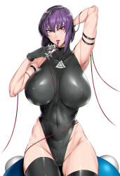 Rule 34 | 1girl, breasts, fei (maidoll), female focus, ghost in the shell, highres, kusanagi motoko, large breasts, leotard, outline, purple hair, red eyes, short hair