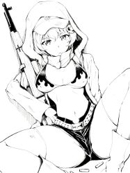 1girl belt bikini bikini_top_only breasts cleavage collarbone cosplay covered_erect_nipples girls_und_panzer gun highres holding holding_weapon hood hood_up jacket large_breasts looking_at_viewer midriff monochrome navel open_clothes rifle sawamin short_shorts shorts simple_background sitting solo spread_legs stomach swimsuit tengen_toppa_gurren_lagann thighhighs thighs weapon white_background yoko_littner yoko_littner_(cosplay) youko_(girls_und_panzer)