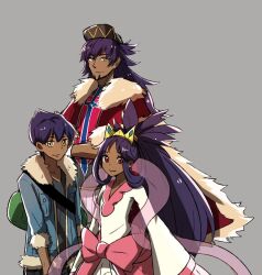 1girl 2boys cape crown dark-skinned_female dark-skinned_male dark_skin dress genkiboyss hop_(pokemon) implied_kinship iris_(pokemon) jacket leon_(pokemon) long_hair maroon_eyes multiple_boys nintendo pokemon pokemon_(anime) pokemon_bw pokemon_bw_(anime) pokemon_journeys pokemon_swsh purple_hair very_long_hair yellow_eyes