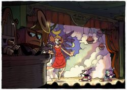 1930s_(style) 1girl 4boys absurdres audience barefoot black_shirt blonde_hair boss_fight brown_footwear cardboard_cutout clenched_teeth commentary crossed_arms cup cuphead cuphead_(game) doi_m2000 dress drinking_straw fighting gloves grin highres indoors looking_at_another looking_down mugman multiple_boys phonograph puppet_strings radio red_dress red_shorts sally_stageplay shirt shoes shorts size_difference sky smile standing teeth theater theatre_(medium) white_gloves