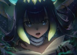 1girl absurdres black_gloves black_hair blue_eyes book diamond_hairband fang fur-trimmed_collar fur_trim gloves gradient_hair green_hair highres holding holding_book hololive hololive_english long_hair multicolored_hair ninomae_ina&#039;nis ninomae_ina&#039;nis_(1st_costume) open_book open_mouth phoebe_(pixiv_55159801) solo tentacle_hair tentacles virtual_youtuber