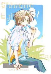 Rule 34 | 1boy, absurdres, aqua pants, brown hair, chinese commentary, collared shirt, commentary request, cropped legs, curtained hair, day, english text, food, green eyes, hair ornament, hairclip, happy birthday, highres, holding, holding food, holding popsicle, male focus, open clothes, open shirt, outdoors, pants, popsicle, saibou shinkyoku, sanwei16909, shinano eiji, shirt, short hair, sitting, sleeves rolled up, solo, white shirt, yellow shirt