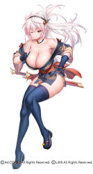 1girl alternate_costume asahi breasts curvy female_focus fingerless_gloves full_body fuuma_aki gloves grin heterochromia highres huge_breasts japanese_clothes katana kimono lilith-soft long_hair looking_at_viewer no_bra official_alternate_costume official_art one_eye_closed revealing_clothes shiny_skin short_kimono smile solo sword taimanin_(series) taimanin_rpgx weapon wide_hips wink