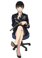Rule 34 | 1girl, black hair, black jacket, black shoes, black skirt, chair, closed mouth, crossed legs, finger to mouth, gun, handgun, high heels, highres, holding, holding gun, holding weapon, jacket, legs, long sleeves, m1911, military dress uniform, military uniform, mole, mole under eye, office chair, on chair, original, shoes, shushing, simple background, sitting, skirt, smile, solo, suppressor, swivel chair, wani (perfect han), weapon, white background