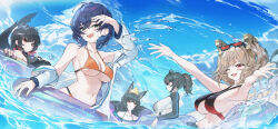 5girls ;d absurdres animal_ears belle_(zenless_zone_zero) bikini black_bikini blue_hair blue_sky blush breasts burnice_white cloud day ellen_joe eyewear_on_head fins fish_tail fox_ears fox_girl highres hoshimi_miyabi k.j. large_breasts looking_at_viewer medium_breasts multicolored_bikini multicolored_hair multiple_girls ocean one_eye_closed open_mouth orange_bikini outdoors partially_submerged ponytail red_bikini red_eyes red_hair shark_girl shark_tail short_hair sky smile summer sunglasses swimsuit tail two-tone_bikini two-tone_hair zenless_zone_zero zhu_yuan