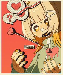 1girl ? arrow_(projectile) arrow_through_heart artist_name blonde_hair blush border colored_inner_hair eyelashes fingernails hair_ornament hairclip heart heart_in_eye highres long_sleeves looking_down lower_teeth_only mayoi_zzz medium_hair multicolored_hair nail_polish open_hands open_mouth orange_nails original screentones solo speech_bubble sweat symbol_in_eye teeth tongue twitter_username upper_body white_border yellow_eyes zipper zipper_pull_tab