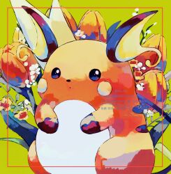 :o absurdres blue_eyes flower gen_1_pokemon green_background highres nintendo no_humans orange_flower pokemon pokemon_(creature) raichu solo su_(sajo_su5) twitter_username white_flower