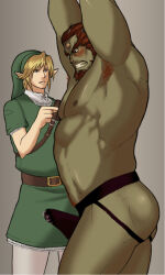 2boys abs armpit_hair armpits arms_up bara bare_pectorals beard blonde_hair bound bulge clenched_teeth erection erection_under_clothes facial_hair ganondorf gerudo green_hat green_tunic hat jockstrap link looking_at_another looking_down magnum_feering male_focus male_underwear multiple_boys muscular muscular_male nintendo nipples pectorals pointy_ears precum precum_through_clothes red_hair teeth the_legend_of_zelda the_legend_of_zelda:_twilight_princess topless_male tunic underwear yaoi