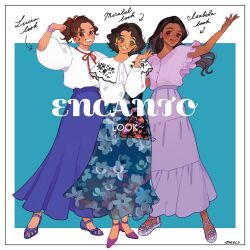 3girls alternate_costume brown_eyes brown_hair contemporary curly_hair dark-skinned_female dark_skin dress earrings encanto glasses isabela_madrigal jewelry luisa_madrigal meecosme mirabel_madrigal multiple_girls shirt short_hair simple_background skirt smile