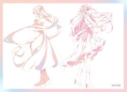 Rule 34 | 2girls, absurdres, azki (1st costume) (hololive), azki (4th costume) (hololive), azki (hololive), blunt bangs, boots, bracelet, braid, closed eyes, closed mouth, collared dress, commentary request, cone hair bun, copyright notice, double bun, dress, elbow gloves, full body, gloves, hair bun, hair intakes, half-jacket, half up half down braid, hand up, hands up, high heel boots, high heels, highres, hololive, jewelry, long hair, low twintails, monochrome, multiple girls, official art, platform boots, ponytail, short ponytail, side up bun, sidelocks, simple background, smile, strapless, tube top, twintails, very long hair, violet viora, virtual youtuber, white background