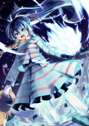 1girl absurdres artist_name black_background blue_eyes blue_fire blue_hair chain commentary_request commission cuffs fire floating_hair flying foul_detective_satori ghost_tail gloves gold_chain hair_between_eyes hair_ornament hair_tubes high_ponytail highres holding long_hair long_sleeves looking_at_viewer miyadeguchi_mizuchi open_mouth petals ponytail prison_clothes red_ribbon ribbon sharp_teeth shirt simple_background skeb_commission skirt smile solo striped_clothes striped_shirt striped_skirt teeth touhou v-shaped_eyebrows watermark white_gloves white_shirt white_skirt youyou20