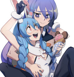 2girls :d animal_ears arms_up bare_arms black_gloves black_pantyhose blue_hair boku_no_pico braid breasts commentary don-chan_(usada_pekora) eye_contact female_focus food gloves hair_between_eyes hand_on_another&#039;s_cheek hand_on_another&#039;s_face highres holding holding_food holding_ice_cream holding_spoon hololive hololive_indonesia ice_cream ice_cream_cone leotard looking_at_another moona_hoshinova multiple_girls open_mouth pantyhose parody pun purple_eyes purple_hair rabbit_ears raised_eyebrow red_eyes romaji_commentary round_teeth sho-n-d simple_background small_breasts smile spoon teeth twin_braids upper_teeth_only usada_pekora usada_pekora_(1st_costume) virtual_youtuber white_background white_leotard yuri