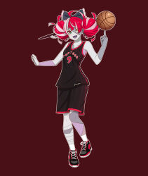 1girl balancing_on_finger ball basketball_(object) basketball_jersey basketball_uniform black_shoes bow breasts colored_skin colored_tongue commentary double_bun english_commentary eyes_visible_through_hair green_eyes grey_hair grey_skin hair_bow hair_bun heterochromia highres holding holding_ball hololive hololive_indonesia kureiji_ollie multicolored_eyes multicolored_hair object_through_head patchwork_skin purple_tongue red_eyes red_hair shoes small_breasts sneakers snkagawa solo sportswear stitched_arm stitched_face stitched_leg stitches sword_in_head symbol-shaped_pupils toronto_raptors virtual_youtuber x-shaped_pupils yellow_eyes zombie