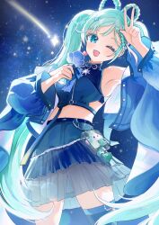 1girl absurdres aqua_eyes aqua_hair arm_up armpits blue_jacket blush braid braided_hair_rings charm_(object) detached_sleeves earrings hair_rings hatsune_miku heart heart_earrings highres holding holding_microphone idol idol_clothes jacket jewelry long_hair looking_at_viewer magical_mirai_(vocaloid) magical_mirai_miku magical_mirai_miku_(2025) microphone midriff navel one_eye_closed open_clothes open_jacket open_mouth see-through_clothes shirt siocm sky sleeveless sleeveless_shirt smile solo star_(sky) starry_sky stomach thighhighs v vocaloid zettai_ryouiki