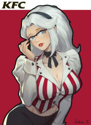 1girl artist_name black_bow black_pants blue_eyes bow breasts choker cleavage colonel_sanders genderswap genderswap_(mtf) glasses head_tilt highres jiezhu juliet_sleeves kfc large_breasts leaning_forward lipstick logo long_hair long_sleeves looking_at_viewer makeup midriff_peek navel original pants parted_lips puffy_sleeves red_lips red_nails ribbon_choker smile solo standing white_hair
