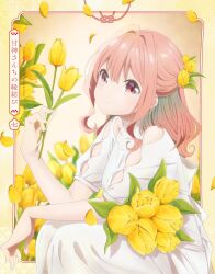 1girl amagami-san_chi_no_enmusubi amagami_yuna anime_coloring blu-ray_cover border closed_mouth commentary_request copyright_name cover dress falling_petals flower highres holding holding_flower iizuka_haruko long_hair looking_at_viewer numbered official_art outside_border petals pink_background red_eyes red_hair sidelocks sitting smile solo tulip white_dress yellow_border yellow_flower yellow_petals yellow_tulip