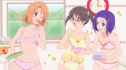 3girls absurdres blue_hair bra breasts brown_eyes brown_hair camisole cleavage cooking food frying_pan glasses hair_ornament hairclip highres lingerie mixing_bowl momioka_risa multiple_girls non-web_source one_eye_closed open_mouth panties plate purple_eyes red_eyes sairenji_haruna sawada_mio short_hair short_twintails to_love-ru twintails underwear underwear_only whisk wink