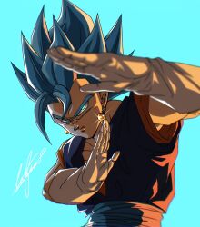 Rule 34 | 1boy, blue background, blue eyes, blue hair, blue sash, blue shirt, dougi, dragon ball, dragon ball super, earrings, fighting stance, glint, gloves, glowing, glowing eye, highres, jewelry, lafia db, medium hair, muscular, muscular male, orange shirt, potara earrings, sash, shirt, simple background, solo, spiked hair, super saiyan, super saiyan blue, upper body, vegetto, white gloves