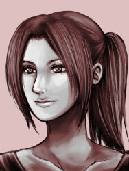Rule 34 | 1girl, brown hair, claire redfield, close-up, collarbone, female focus, lips, long hair, mitty (m@jenca), monochrome, pink background, ponytail, resident evil, resident evil 2, sideburns, simple background, solo