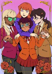 4girls :o alternate_costume black_pants black_pantyhose blonde_hair blush brown_pants character_request coco_diablo commentary cowboy_shot daphne_blake dark-skinned_female dark_skin english_commentary female_focus gradient_background green-tinted_eyewear hairband harem highres long_hair marcie_fleach multiple_girls necktie officeanomaly orange_hair pants pantyhose pink_lips purple_eyes red_hairband red_lips red_necktie scooby-doo short_hair tinted_eyewear velma_dinkley yuri