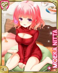 1girl bare_legs barefoot bean_bag_chair bow breasts character_name cleavage cookie feet female_focus floor food futon girlfriend_(kari) hands_on_floor kneeling looking_at_viewer medium_breasts meme_attire nitta_moeka official_art open_mouth pink_bow pink_hair purple_eyes qp:flapper smile solo sweater table tagme tea toes virgin_killer_sweater