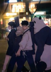 1girl 2boys animal black_hair black_pants expressionless glasses inumaki_toge jujutsu_kaisen long_sleeves looking_at_viewer multiple_boys okkotsu_yuuta over_shoulder panda panda_(jujutsu_kaisen) pants ponytail road scarf short_hair skirt street turtleneck walking weapon weapon_bag weapon_on_back weapon_over_shoulder white_hair zen&#039;in_maki