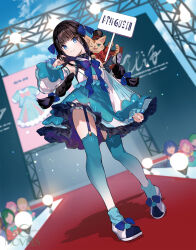 1girl alternate_hair_color black_hair blue_eyes blue_sky bow bowtie braid cat catwalk_(modeling) detached_sleeves frilled_skirt frilled_sleeves frills full_body fuzichoco garter_straps hair_bow hat highres kenja_no_deshi_wo_nanoru_kenja long_hair long_sleeves looking_at_viewer mira_(kendeshi) novel_illustration official_art outdoors panties puffy_long_sleeves puffy_sleeves rafters red_carpet shoes sign skirt sky smile solo_focus stage stage_lights standing thighhighs third-party_source top_hat twin_braids underwear watermark zettai_ryouiki