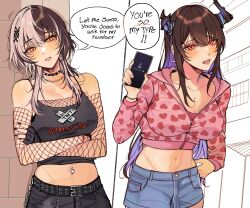 2girls alternate_costume amlichan asymmetrical_horns bare_shoulders belt black_belt black_gloves black_hair black_nails black_shirt blue_hair blue_shorts blush breasts cellphone chain clothes_writing collar colored_inner_hair commentary crop_top cropped_hoodie crossed_arms demon_horns denim denim_shorts earrings english_commentary english_text fingerless_gloves fingernails fishnet_top fishnets gloves grey_hair hair_between_eyes hair_ornament heart heart_print highres holding holding_phone hololive hololive_english hood hoodie horns jewelry large_breasts long_fingernails long_hair long_sleeves midriff multicolored_hair multiple_girls nail_polish navel navel_piercing nerissa_ravencroft open_mouth parted_lips phone piercing pink_hood pink_hoodie red_eyes shiori_novella shirt shorts single_glove smartphone spaghetti_strap speech_bubble spiked_collar spikes split-color_hair teeth two-tone_hair uneven_horns very_long_hair virtual_youtuber yellow_eyes