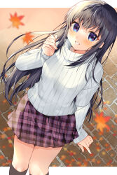 1girl absurdres autumn autumn_leaves black_hair black_socks blue_eyes blush breasts commentary_request commission falling_leaves hand_up highres kneehighs leaf long_hair long_sleeves looking_at_viewer original outdoors plaid_clothes plaid_skirt ribbed_sweater skeb_commission skirt smile socks solo sweater teeth turtleneck turtleneck_sweater white_sweater yam_(yamap_mako)