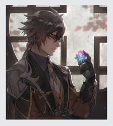 1boy black_gloves brown_hair commentary_request elmar eyeliner eyeshadow formal_clothes genshin_impact gloves hair_between_eyes long_hair makeup male_focus ponytail red_eyeshadow smile solo stone suit yellow_eyes zhongli_(genshin_impact)
