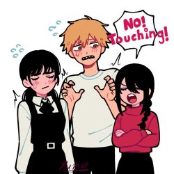 1boy 2girls black_dress black_hair black_pants blonde_hair blush braid brown_eyes chainsaw_man closed_eyes collared_shirt commentary crossed_arms denji_(chainsaw_man) dress english_commentary english_text flying_sweatdrops long_hair long_sleeves looking_at_another low_twintails mitaka_asa multiple_girls nayuta_(chainsaw_man) pants red_sweater sharp_teeth shirt short_sleeves signature simple_background sweatdrop sweater teeth thenumbnin turtleneck turtleneck_sweater twintails upper_teeth_only white_background white_shirt