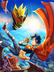 1girl 2boys animification ass batman_(series) black_hair blue_eyes blue_sky boots burger cape child crossed_arms damian_wayne day dc_comics denim dog domino_mask eating fingernails food goliath_bat_dragon green_footwear highres j.2 jeans jonathan_kent krypto_the_superdog looking_at_viewer mask multiple_boys ocean pants red_cape red_footwear robin_(dc) shoelaces shoes sky sneakers sun super_sons superboy superman_(series) torn_clothes torn_pants wings yellow_cape