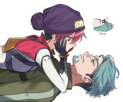 Rule 34 | 1boy, 1girl, amate yuzuriha, beanie, black hair, bodysuit, challia bull, chibi, chibi inset, closed mouth, commentary, crescent, crescent earrings, earrings, eye contact, facial hair, film grain, from side, goatee, green bodysuit, green eyes, green hair, gundam, gundam gquuuuuux, hair between eyes, hands on own cheeks, hands on own face, hat, highres, jewelry, kitsune (ly howe), korean text, looking at another, lying on person, mecha pilot suit, multicolored hair, mustache, normal suit (gundam), pom pom (clothes), pom pom beanie, pout, profile, purple hat, red bodysuit, red hair, short hair, sleeping, spacesuit, symbol-only commentary, tonari no totoro, totoro, translation request, two-tone bodysuit, two-tone hair, undercut, white background, white bodysuit, zzz