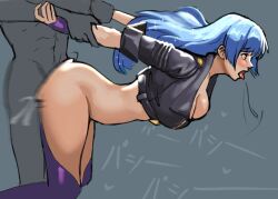 1girl anal angel_(kof)_(cosplay) ass bent_over blue_hair breasts cleavage cosplay heart holding_arms_back kula_diamond large_breasts moaning open_mouth penetration_gesture sex sex_from_behind sideboob snk snk_heroines:_tag_team_frenzy the_king_of_fighters tongue tongue_out
