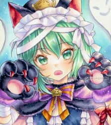 1girl alternate_costume animal_ears animal_hands bandaged_arm bandages black_cape blush bow bowtie cape cat_ears claw_pose commentary fangs gloves green_eyes green_hair halloween_costume hat looking_at_viewer nekofish666 open_mouth paw_gloves purple_bow purple_bowtie shiki_eiki solo touhou traditional_media twitter_username