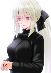 1girl black_bow black_sweater blue_eyes blush bow braid breasts engo_(aquawatery) fate/grand_order fate_(series) grey_hair half_up_braid long_hair long_sleeves looking_at_viewer morgan_le_fay_(fate) ponytail simple_background smile solo sweater white_background